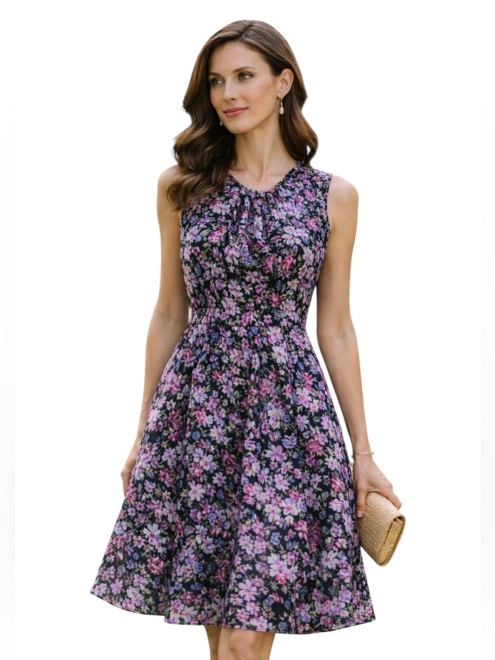Matsuda Harue Tokyo A-line Chiffon Midi Sleeveless Dress Black Floral Zipper 8